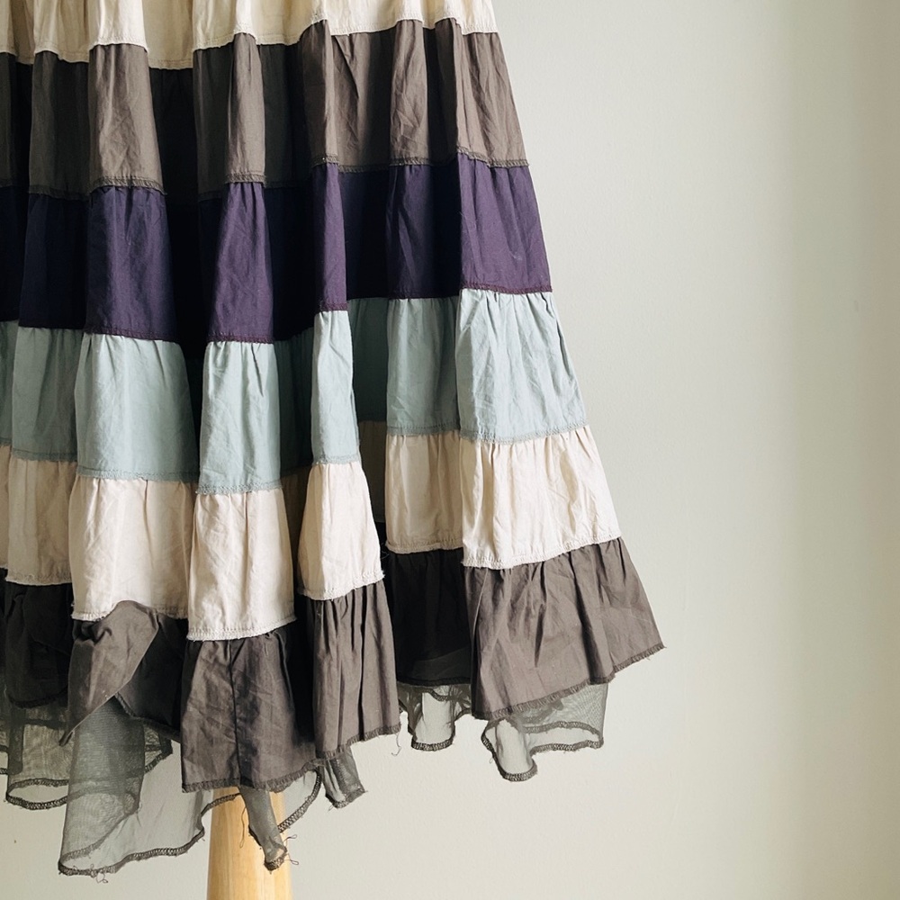 Jessica Tiered Colorblock Skirt in Olive, Light Sage, Cream, and Gray